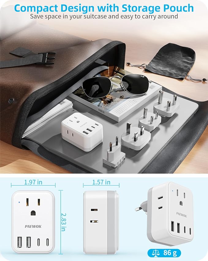 PAEWOK Travel Adapter Set, European Plug Adapter, Universal Travel Adapter | US to UK/EU/South Africa/India, Type G/C/M/D Detachable Plug, 4 AC Outlets 4 USB Ports (2 USB C)