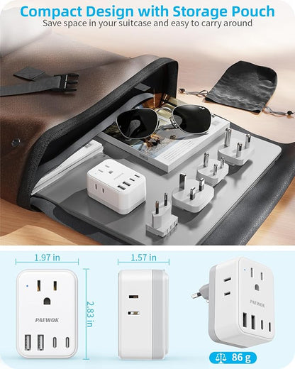 PAEWOK Travel Adapter Set, European Plug Adapter, Universal Travel Adapter | US to UK/EU/South Africa/India, Type G/C/M/D Detachable Plug, 4 AC Outlets 4 USB Ports (2 USB C)