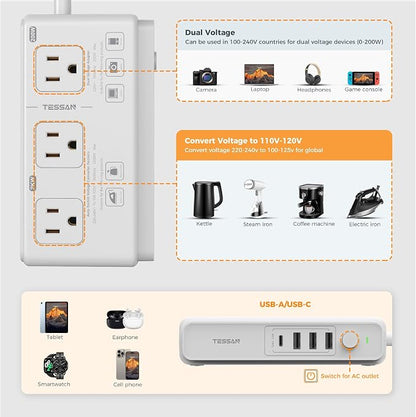 TESSAN Voltage Converter US to Europe, 220 to 110 Voltage Converter | Universal Travel Adapter, 4 USB Ports (1 USB C), 3 AC and EU UK AU IT in ZA Plug Power Adapter, Step Down Transformer, 4 FT