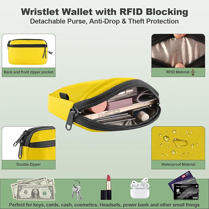 YFWE Clip and Go Strap for Phone with Wallet Crossbody, Adjustable Phone Lanyard with Detachable RFID Wristlet Wallet & Ultra-Thin 360° Rotatable Metal Tabs for All Smartphones (Yellow)