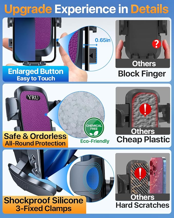 YRU [True Upgrade for Safety] Car Phone Holder Mount [Patent & Military-Grade] Dashboard Cell Phone Holder for Car Vent Windshield Phone Stand for iPhone 17 16 15 14 13 Pro Max Truck Samsung, Purple
