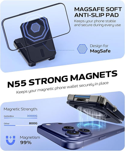 GolbinBox for MagSafe Wallet with Stand, Magnetic Phone Card Holder for Men, Holds 4 Cards with RFID Blocking, Slide-Open Metal Cover, Built-in Kickstand for iPhone 17/16/15/14/13/12 Series, Blue