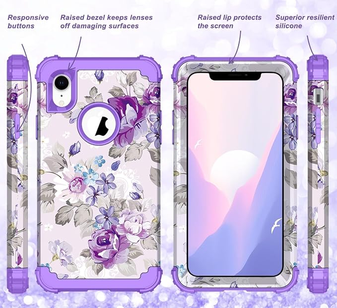 Hocase for iPhone XR Case, Heavy Duty Shockproof Protection Soft Silicone Rubber+Hard Plastic Bumper Hybrid Dual Layer Protective Case for iPhone XR (6.1-inch Display) 2018 - Lavender Flowers