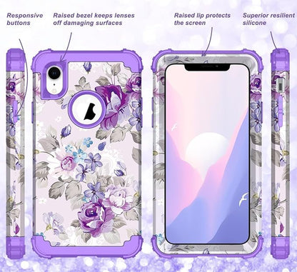 Hocase for iPhone XR Case, Heavy Duty Shockproof Protection Soft Silicone Rubber+Hard Plastic Bumper Hybrid Dual Layer Protective Case for iPhone XR (6.1-inch Display) 2018 - Lavender Flowers