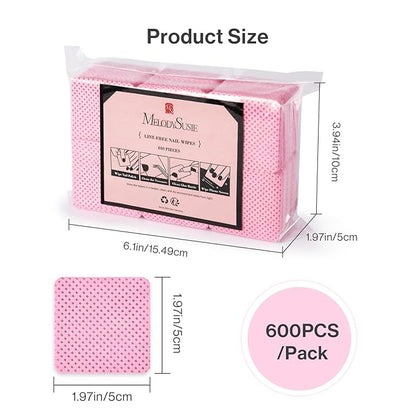 MelodySusie 600Pcs Lint Free Nail Pink Wipes Super Absorbent Soft Non-Woven for Fingernail Polish Remover and Eyelash Extension Wipes for Nail Art