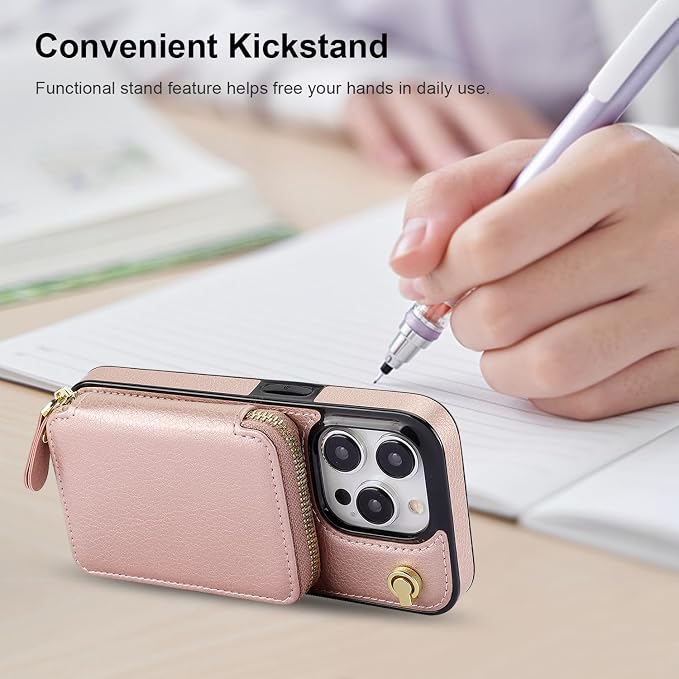 Bocasal Crossbody Wallet Case for iPhone 15 Pro, RFID Blocking Leather Purse Case with Card Holder, Protective Handbag Flip Cover with Zipper Wrist Strap Lanyard for Women 5G 6.1 Inch (Rose Gold)