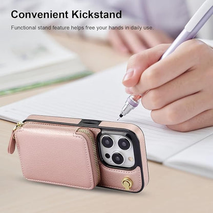 Bocasal Crossbody Wallet Case for iPhone 15 Pro, RFID Blocking Leather Purse Case with Card Holder, Protective Handbag Flip Cover with Zipper Wrist Strap Lanyard for Women 5G 6.1 Inch (Rose Gold)