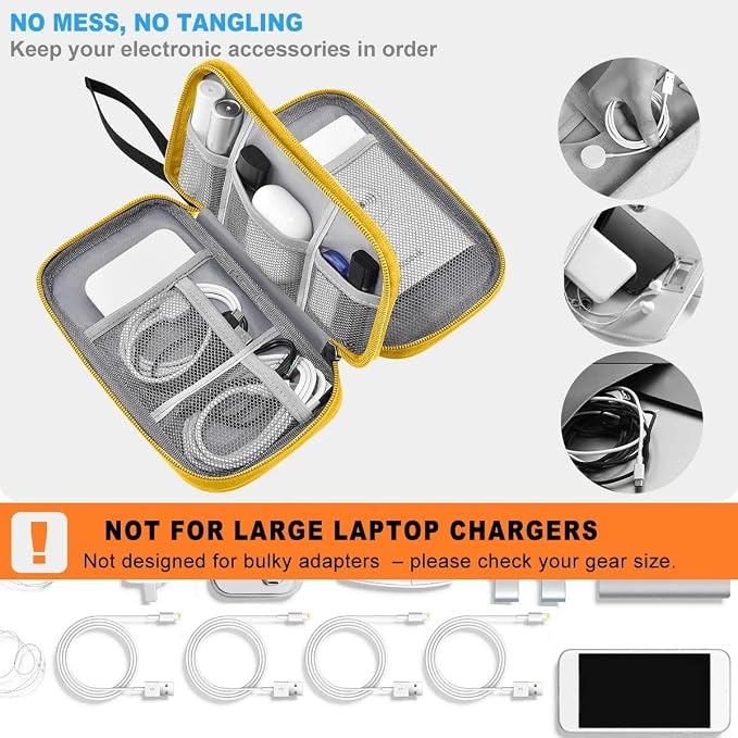 ZINMARK Portable Cable Organizer Case,Travel Pouch with Double-Layer Storage for Cables,Chargers,Earbuds & Phone,Black Yellow– Small Size