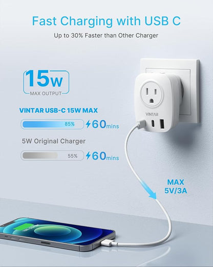 2 Pack European Travel Plug Adapter, VINTAR Foldable International Power Plug with 2 AC Outlets 3 USB Ports(2 USB C), Type C Travel Essentials Charger for US to Most of Europe EU Italy Spain France