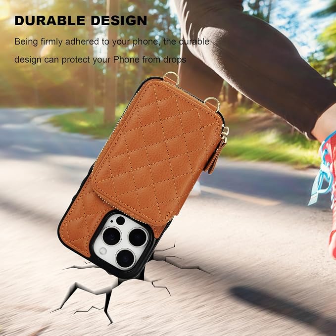 Bocasal Crossbody Wallet Case for iPhone 16 Pro, RFID Blocking PU Leather Zipper Handbag Purse Flip Cover, Kickstand Folio Case with Card Slots Holder Wrist Strap Lanyard 5G 6.3 Inch (Brown)