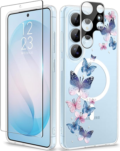 GVIEWIN for Samsung Galaxy S26 Ultra Case Compatible with MagSafe, Clear Floral Shockproof Protective Women Phone Case, Non-Yellowing,Screen&Camera Lens Protector for S26 Ultra 6.9",Colorful Butterfly