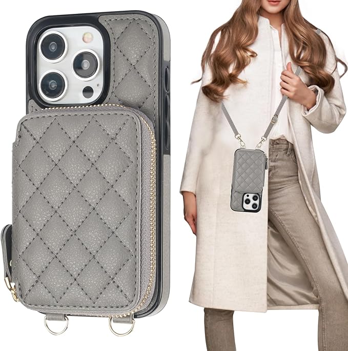Bocasal Crossbody Wallet Case for iPhone 15 Pro, RFID Blocking PU Leather Zipper Handbag Purse Flip Cover, Kickstand Folio Case with Card Slots Holder Wrist Strap Lanyard 5G 6.1 Inch (Grey)