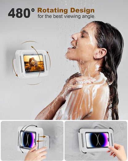 Upgraded Shower Phone Holder Waterproof with Speaker Hole Screentouch Shower Phone Stand Case Mount for Bathroom Bathtub Kitchen Wall Mirror for iPhone1716 15 14 13 12 11 Pro XS XR Max (White)