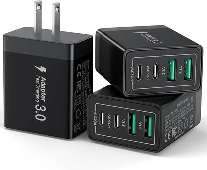 USB C Charger Block, 40W 4-Port Fast Charger 20W Type C Charging Block 3.1A USB Wall Charger Dual Port PD+QC Charging Cube for iPhone 16 15 14 13 12 Pro Max XS, iPad, Samsung Phone (Black 3Pack)