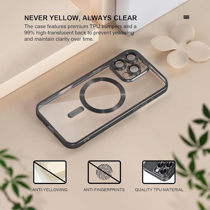 Misea Magnetic for iPhone 16 Pro Max Case Compatible with MagSafe [Never Yellowing] [Military Grade Drop Protection] Full Camera Lens Protector Plating Soft Clear Phone Case for Women, Titanium Black