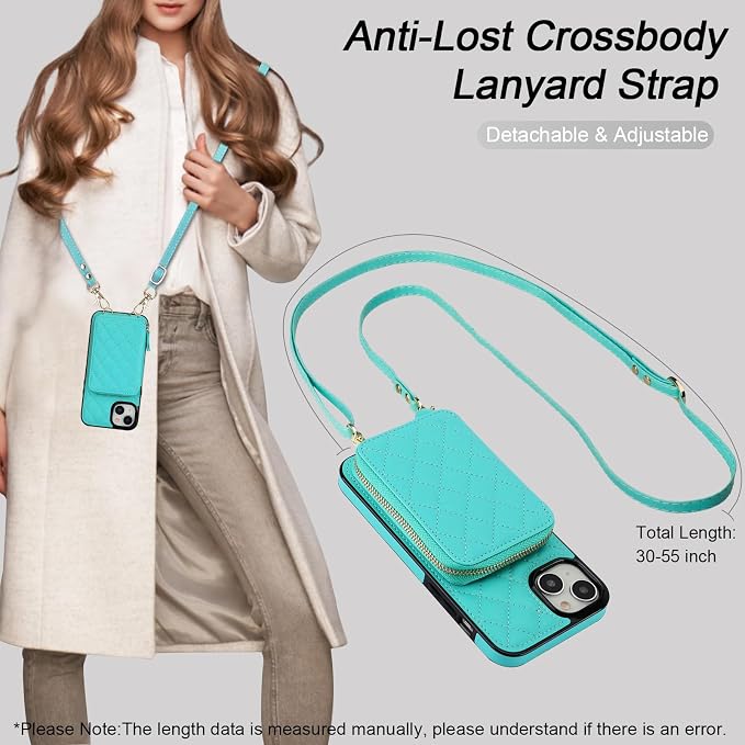 Bocasal Crossbody Wallet Case for iPhone 15 Plus, RFID Blocking PU Leather Zipper Handbag Purse Flip Cover, Kickstand Folio Case with Card Slots Holder Wrist Strap Lanyard 5G 6.7 Inch (Mint Green)