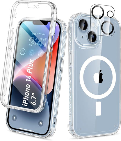Compatible with iPhone 14 Plus Case Clear, Built-in Screen Protector, with Camera Lens Protector, [Compatible with MagSafe] Full Body Phone Case, Protective Cover for 14Plus 6.7" (Clear)