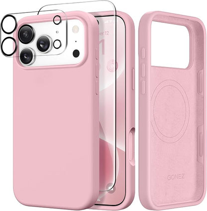 GONEZ Magnetic for iPhone 17 Pro Max Case, Compatible with MagSafe, [Screen Protector + Camera Lens Protector], Liquid Silicone Anti-Scratch Shockproof Protective Phone Case 6.9 inch, Peach Pink