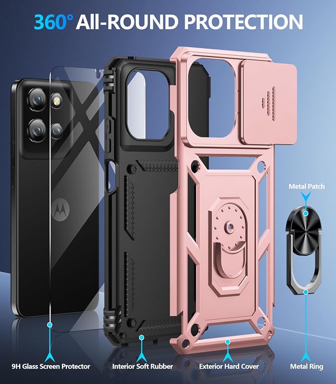 Taisairu for Motorola Moto G 2025/G 2026/G Play 2026 Case with Screen Protector & Slide Camera Lens Cover, Built-in Ring Stand Case for Moto G 2026/G 2025/G Play 2026 (Rose Gold)