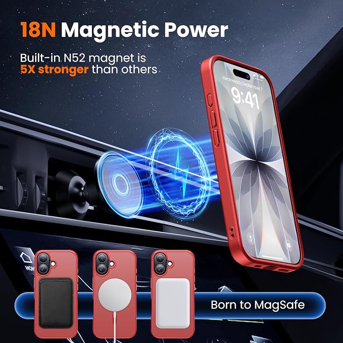 3 in 1 for iPhone 17 Case Matte Red,Fits MagSafe, Screen Protector*1 Camera Lens Protector*1,Matte Skin Feeling Back, Cover Military-Grade Protection