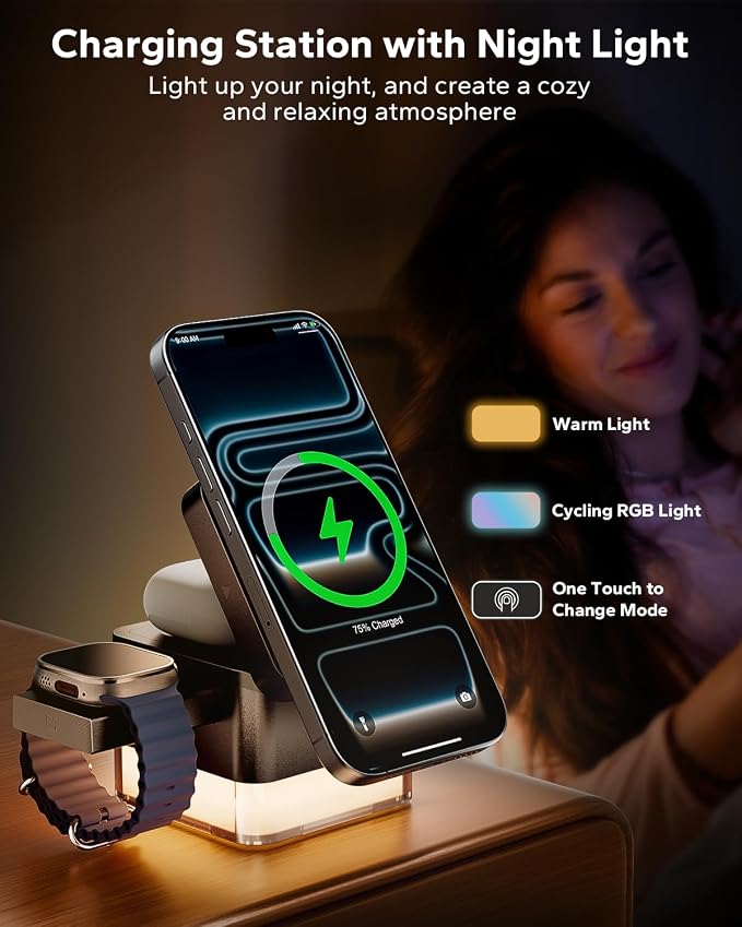 KPON for iPhone Nightstand Charging Station,15W 3 in 1 Wireless Phone Charger Stand with Night Lamp, Travel Foldable Magnetic Cube Magsafe Dock for iPhone 17 16 15 14 13 12 Series/Apple Watch/Airpods