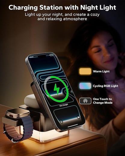 KPON for iPhone Nightstand Charging Station,15W 3 in 1 Wireless Phone Charger Stand with Night Lamp, Travel Foldable Magnetic Cube Magsafe Dock for iPhone 17 16 15 14 13 12 Series/Apple Watch/Airpods