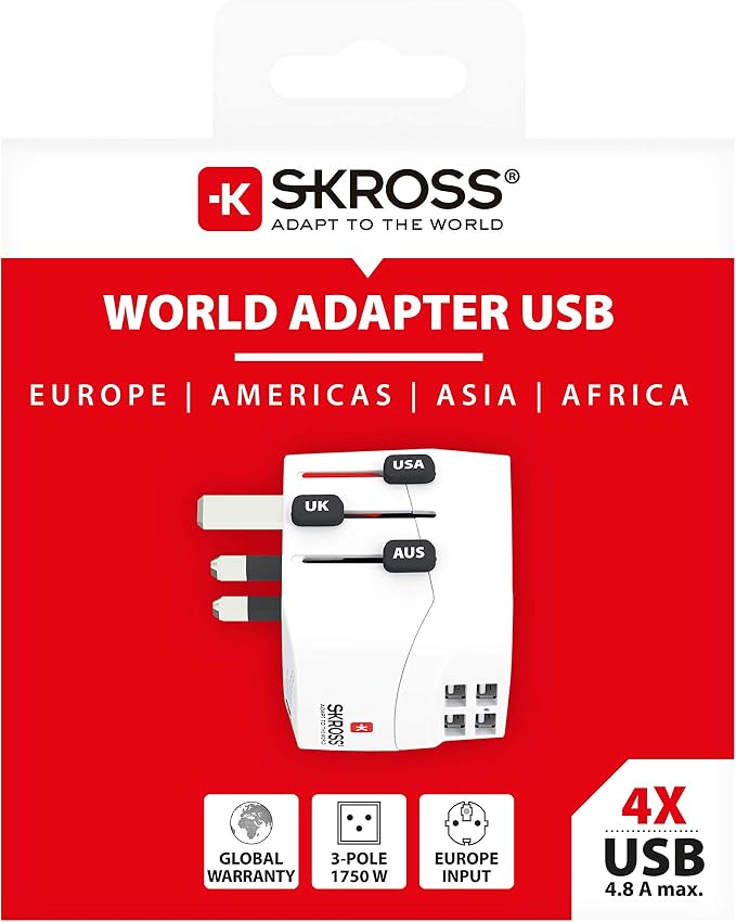 SKROSS | 1.302461 | Pro Light USB (4xA) | Universal Travel Adapter 2 & 3 Pin with 4 USB Ports 4.8A Voltage and Power: 100V-700W/250V-1750W Suitable for PC and Hair Dryer
