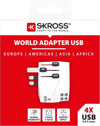 SKROSS | 1.302461 | Pro Light USB (4xA) | Universal Travel Adapter 2 & 3 Pin with 4 USB Ports 4.8A Voltage and Power: 100V-700W/250V-1750W Suitable for PC and Hair Dryer