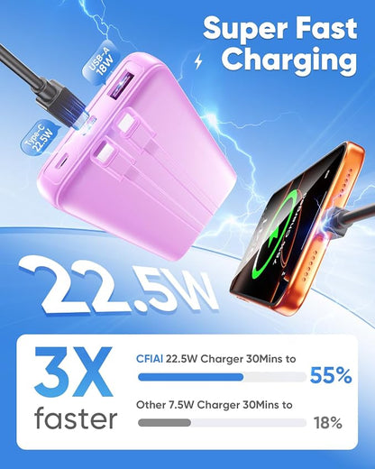 CFIAI Portable Charger Power Bank, 50% Larger Capacity 15000mAh Battery Pack with Built in Cable, 22.5W Fast Charging Travel Camping Essential for iPhone 17 16 Pro iPad Samsung S26 Google, Lavender