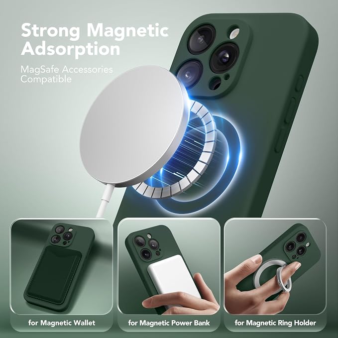Magnetic for iPhone 14 Pro Case, Compatible with MagSafe, [Full Camera Protection][Screen Protector] Silicone Shockproof Protective Phone Case for iPhone 14 Pro 6.1", Alpine Green