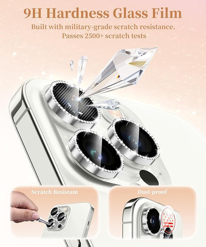 GolbinBox Camera Lens Protector for iPhone 13 Pro/13 Pro Max, 1:1 Invisible Fit, 9H Tempered Glass Ultra HD Metal Individual Camera Cover for Women, Case Friendly, Bling/Silver