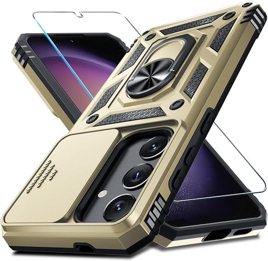 Janmitta Compatible with Samsung Galaxy S25 Plus/S24 Plus Case Built in Slide Camera Lens Cover+Screen Protector+Finger Ring Holder Kickstand,Heavy Duty Shockproof Full Body Phone Cover,Gold