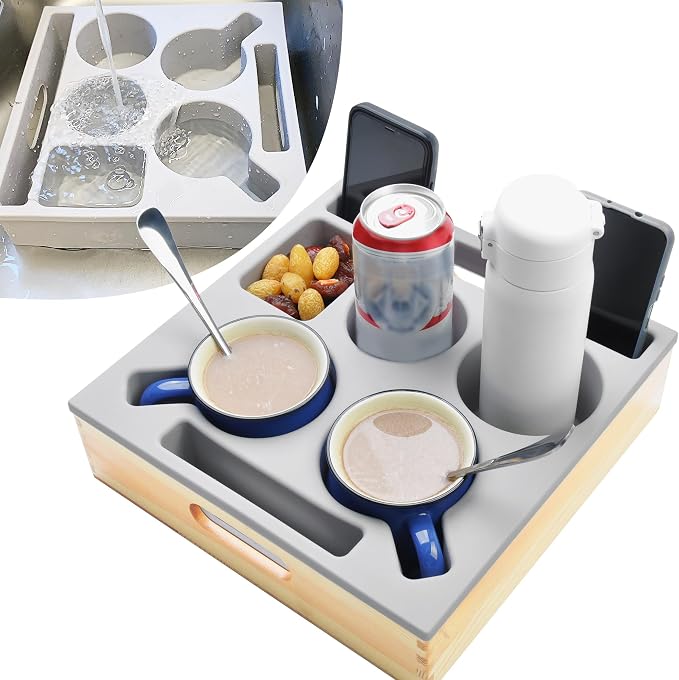 KindGa Couch Cup Holder, Waterproof Anti-Spill Couch Drink Holder for Snacks Beverage Remote, Food Grade Silicone Wooden Couch Caddy for Bed Car Seat Beach Tray (Beige)