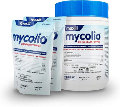 Mycolio Hospital Grade Disinfectant Wipes - 6" x 7" - Disinfecting Antibacterial Sanitizing Cleaning Wipes - 1 Canister + 2 Refill Pouch