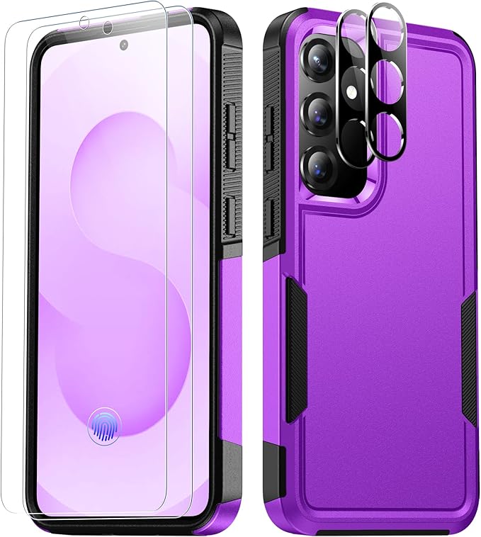 SPIDERCASE Designed for Samsung Galaxy S25 Case, [10 FT Military Grade Drop Protection], 2 Pack [Tempered Glass Screen Protector+Camera Lens Protector] Heavy Duty Shockproof Case,Dark Purple