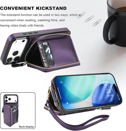 Bocasal Crossbody Wallet Case for iPhone 17 Pro Max, RFID Blocking PU Leather Zipper Handbag Purse Flip Cover, Kickstand Folio Case with Card Slots Holder Wrist Strap Lanyard 5G 6.9 Inch (Dark Purple)
