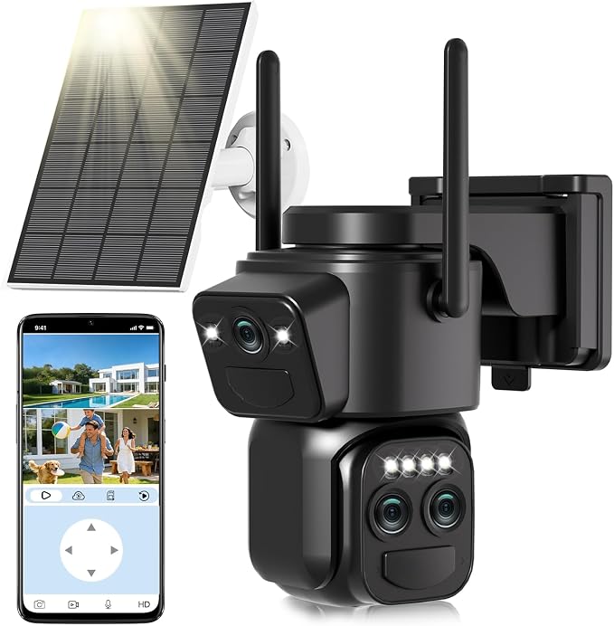 Triple-Lens Solar Security Cameras Wireless Outdoor, 2.4G/5G WiFi Cameras for Home Security with 10X Zoom, Full Color Night Vision, PlR Human Detection, Auto Tracking, Spotlight Siren, Alexa, IP66