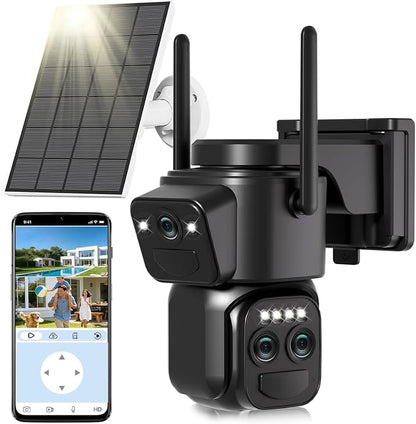 Triple-Lens Solar Security Cameras Wireless Outdoor, 2.4G/5G WiFi Cameras for Home Security with 10X Zoom, Full Color Night Vision, PlR Human Detection, Auto Tracking, Spotlight Siren, Alexa, IP66
