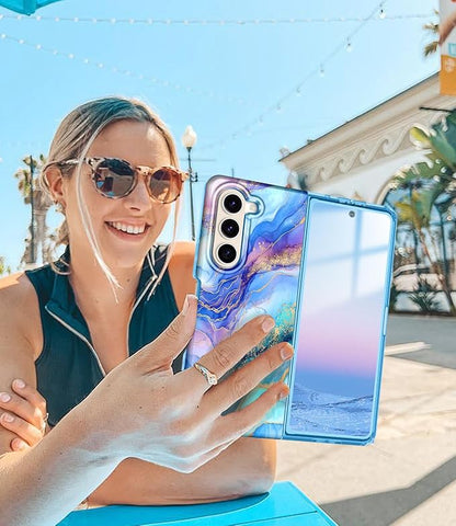 Btscase for Samsung Galaxy Z Fold 5 Case,Built in Front Screen Protector,Gold Glitter Marble Pattern Hard PC Slim Shockproof Full Body Drop Protective Case for Galaxy Z Fold 5 5G, Light Blue