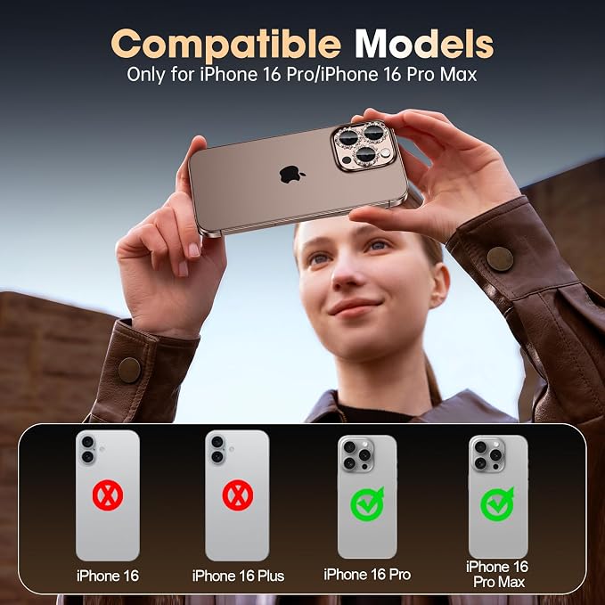 Xfilm for iPhone 16 Pro/16 Pro Max Camera Lens Protector Bling Individual Gear Design Diamond Ring 9H Hardness Scratchproof Protector, Stylish Phone Accessories, Case Friendly (Titanium Desert)
