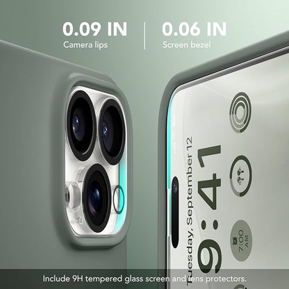GONEZ for iPhone 14 Pro Case, Compatible with Magsafe, with Screen Protector + Camera Lens Protector, Soft Anti-Scratch Microfiber Lining, Shockproof Liquid Silicone Phone Cover, Calke Green