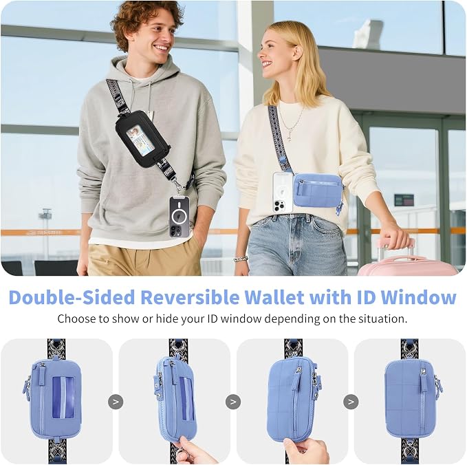 Tiostep Clip and Go Strap for Phone with Wallet Crossbody Phone Lanyard with Anti-Theft Zipper Pouch Detachable Quilted Wrist Wallet with RFID and ID Window for Daily Travel. Blue