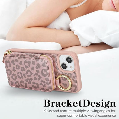 Crossbody Wallet Case for iPhone 14, PU Leather Zipper Handbag Purse Flip Cover, Kickstand Folio Case with Card Slots Holder Wrist Strap Lanyard 5G 6.1 Inch-Pink Leopard