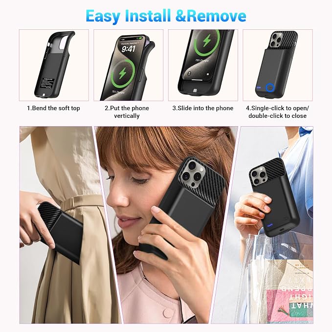 Battery Case for iPhone 15 Pro Max (6.7 inch), 2026 Upgraded High Capacity 13800mAh Battery Pack Rechargeable Charger External Charging Case with Tempered Glass Screen Protector Black