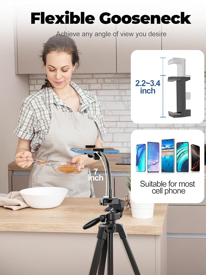 EMART 61’’ Phone Tripod Stand with Flexible Gooseneck, Portable Tripod for iPhone and Camera, Overhead Cellphone Holder with Remote for iPad Tablet Cooking Video Youtuber Vlogging Recording