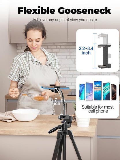 EMART 61’’ Phone Tripod Stand with Flexible Gooseneck, Portable Tripod for iPhone and Camera, Overhead Cellphone Holder with Remote for iPad Tablet Cooking Video Youtuber Vlogging Recording