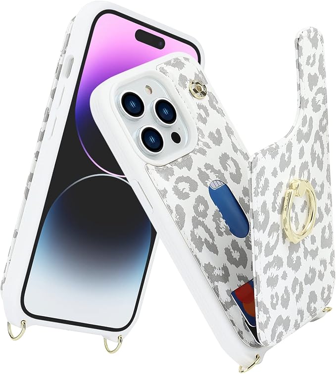 Lipvina for iPhone 14 Pro Case with Card Holder for Women,Phone Case with Strap,Crossbody Lanyard,RFID Blocking,Ring Stand,Snap Clasp,Cute Wallet Case 6.1 inch(White Leopard)