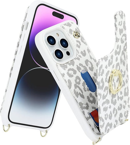 Lipvina for iPhone 14 Pro Case with Card Holder for Women,Phone Case with Strap,Crossbody Lanyard,RFID Blocking,Ring Stand,Snap Clasp,Cute Wallet Case 6.1 inch(White Leopard)