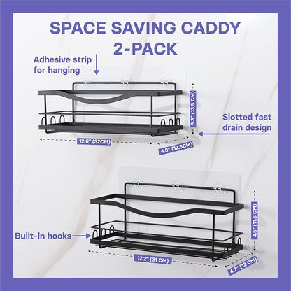 KINCMAX Iron Shower Caddies - Self Adhesive Bathroom Shelves for Showers - Wall Organizer Shampoo Holder Shelf - Peel and Stick On Caddy Bath Tub Rack - Pack of 2 Holders - Black