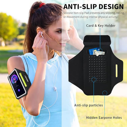 Phone Armband for Running Cell Phone Armband with Zipper Pocket for Earbuds Car Keys, Water Resistant Sport Arm Band for iPhone 17 16 15 12 11 Pro Galaxy S24 S20 Fit Up to 6.7'' with Phone Case